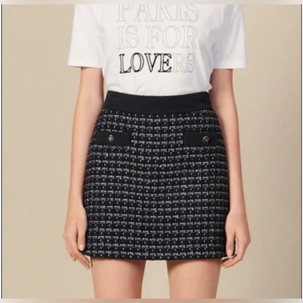 Size 1 (Small) Sandro Gioli Navy and Silver Tweed Skirt with Sandro Buttons